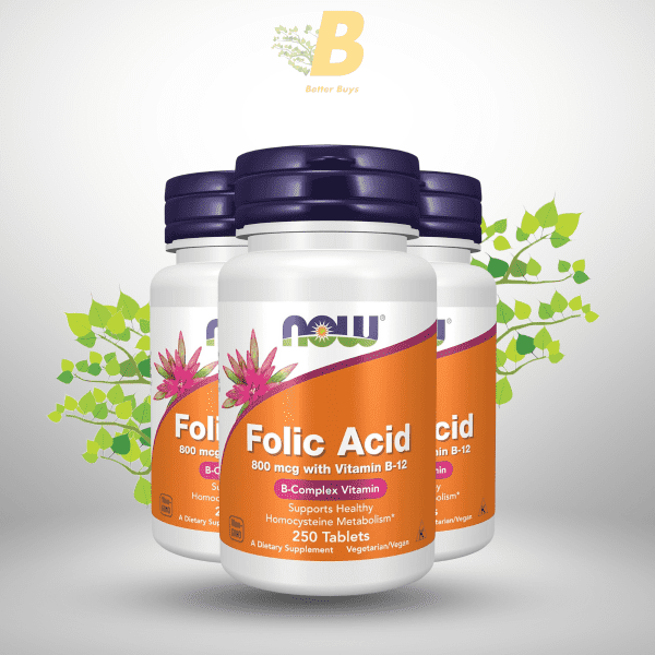 NOW Folic Acid 800 mcg with Vitamin B-12, 250 Tablets - Image 2