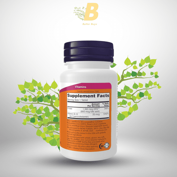 NOW Folic Acid 800 mcg with Vitamin B-12, 250 Tablets - Image 3