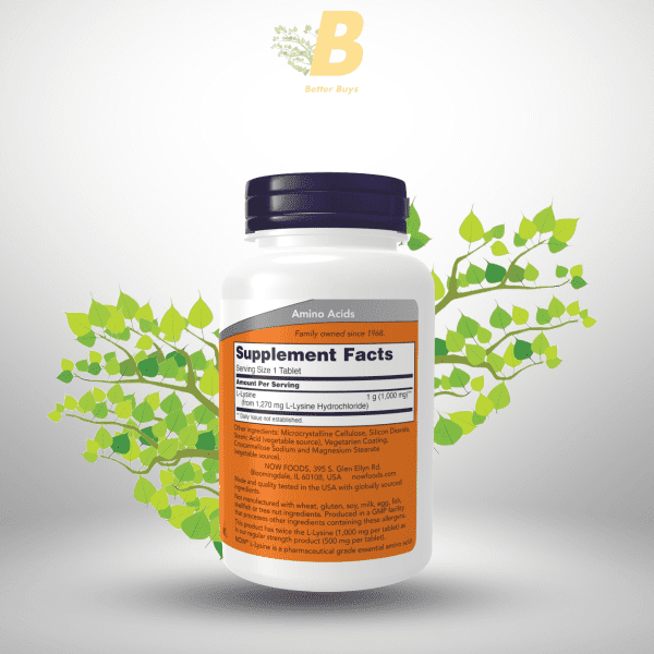 NOW Foods Supplements, (L-Lysine Hydrochloride) 1,000 mg, Double Strength, Amino Acid, 100 Tablets - Image 3