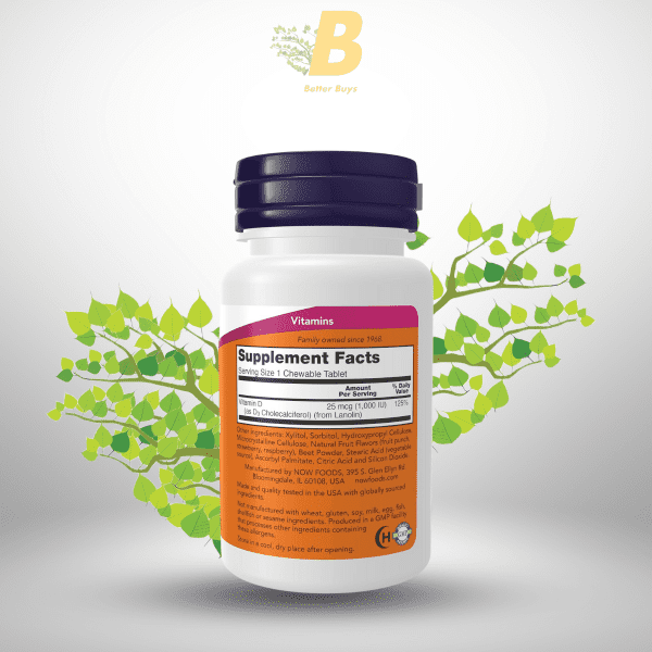 NOW Foods Supplements, Vitamin D-3 1,000 IU, Natural Fruit Flavor, Structural Support*, 180 Chewables - Image 3