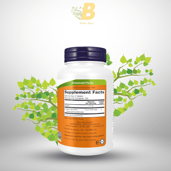 NOW Foods Supplements, Organic Spirulina 500 mg with Vitamins, Minerals and GLA (Gamma-Linolenic Acid), 200 Tablets - Image 3