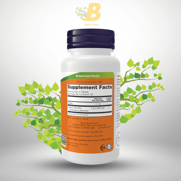 NOW Supplements, Organic Spirulina 500 mg with Vitamins, Minerals and GLA (Gamma-Linolenic Acid), 100 Tablets - Image 3