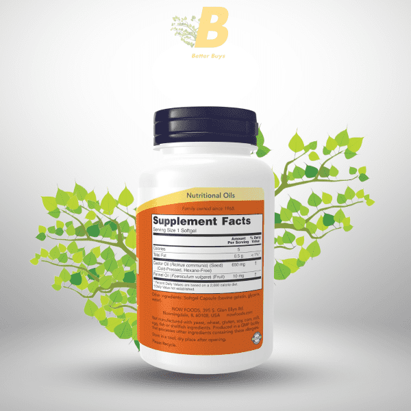 NOW Foods Supplements, Castor Oil 650 mg with Fennel Oil, Natural Laxative*, 120 Softgels - Image 3
