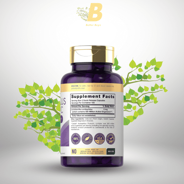 Carlyle Acidophilus Probiotic Capsules for Women and Men | 500 Million CFU | 200 Pills | Lactobacillus Supplement | Non-GMO and Gluten Free - Image 3