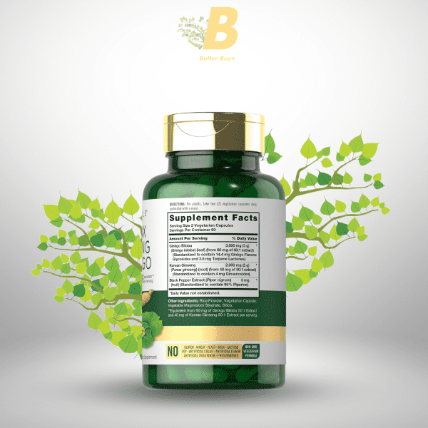 Carlyle Panax Ginseng & Ginkgo 5000mg | 120 Vegetarian Capsules | Non-GMO & Gluten Free Supplement - Image 3