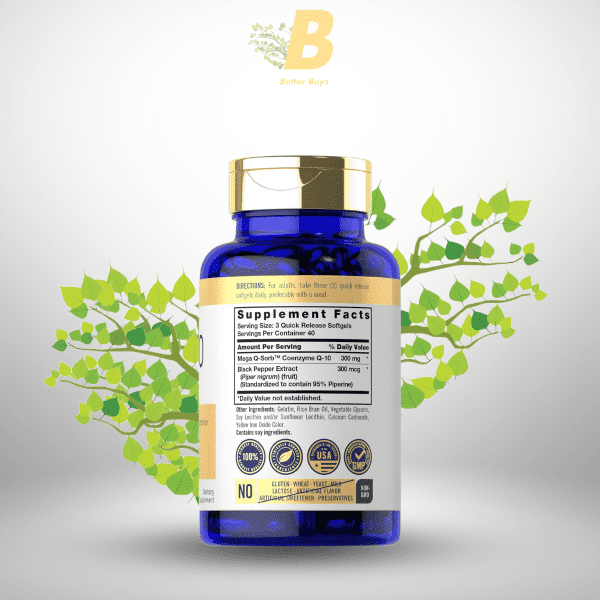 Carlyle CoQ10 300mg | 120 Softgels | Mega Q-Sorb Coenzyme Q-10 | with Black Pepper Extract | Non-GMO, Gluten Free Supplement - Image 3