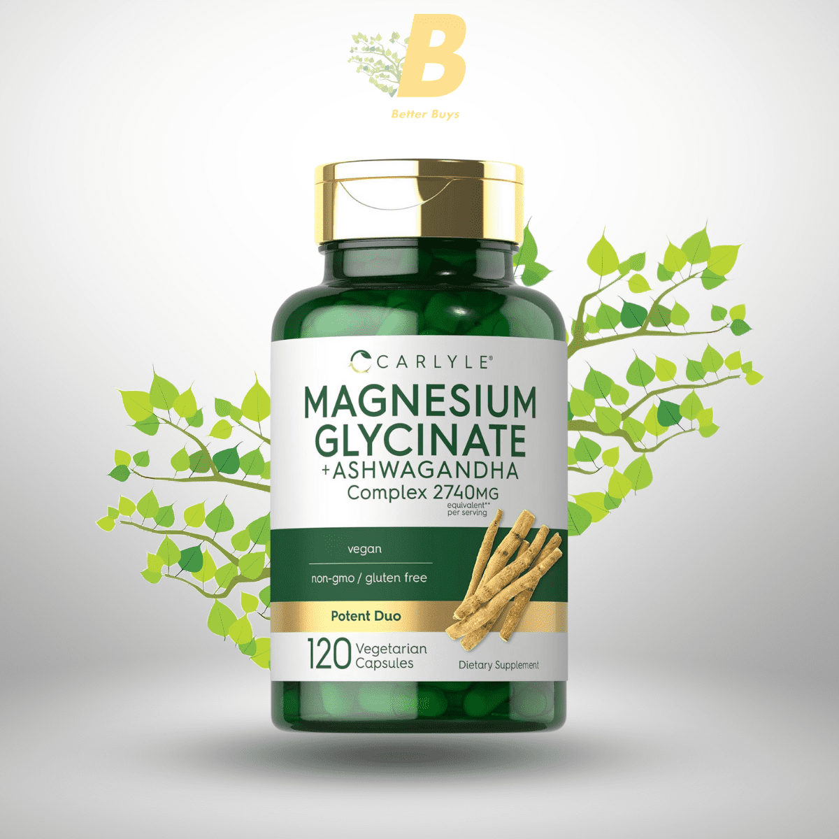 Carlyle Magnesium Glycinate with Ashwagandha Supplement in Bangladesh Carlyle Magnesium Glycinate with Ashwagandha | 2,740mg Complex | 120 Vegetarian Capsules | Potent Duo | Non-GMO and Gluten Free Supplement - Image 1