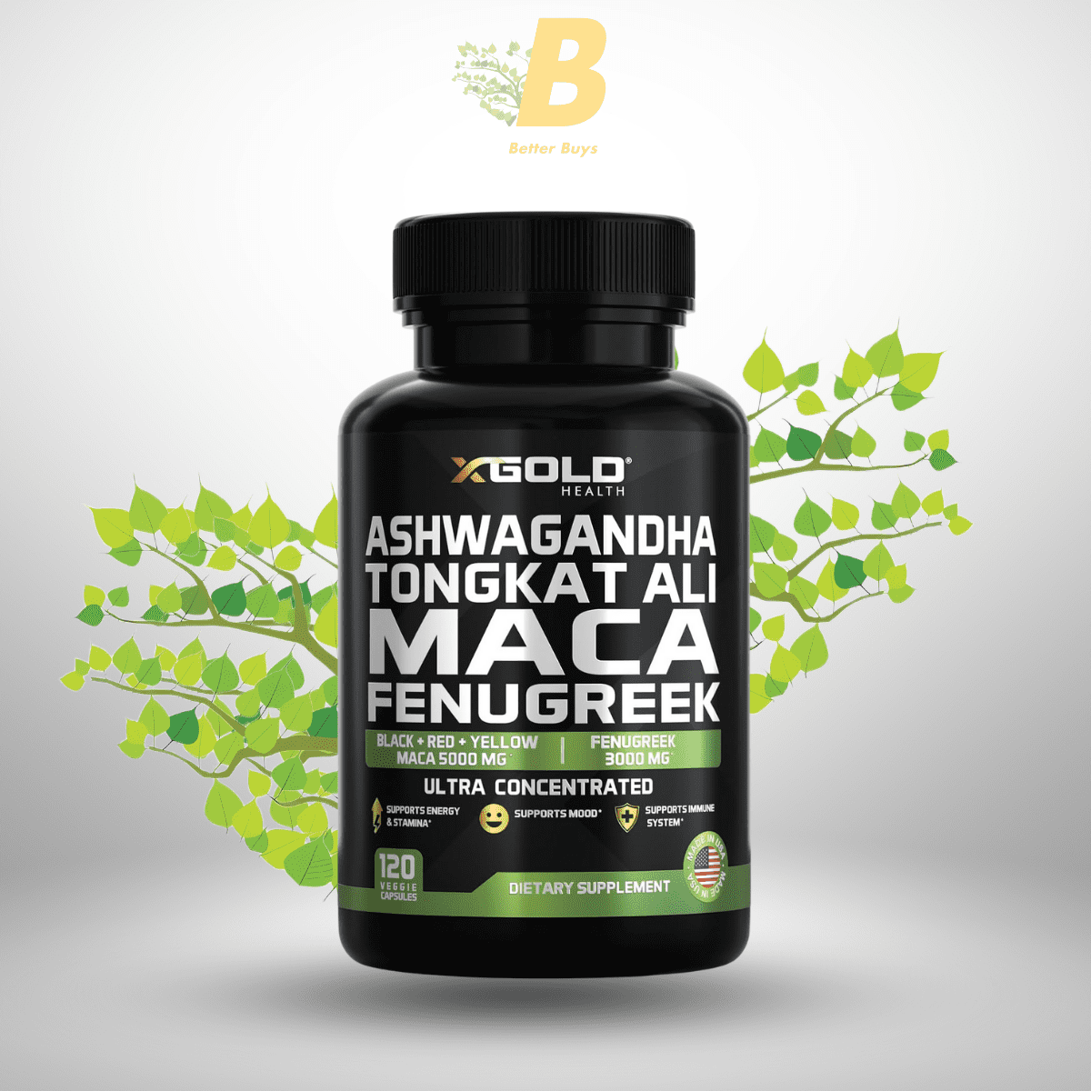 199 X Gold Ashwagandha 5000mg + Tongkat Ali 1000mg + Maca Root 5000mg + Fenugreek 3000mg Supplement | Black + Red + Yellow Maca Root Extract & Fenugreek 120 veg capsule - Image 1