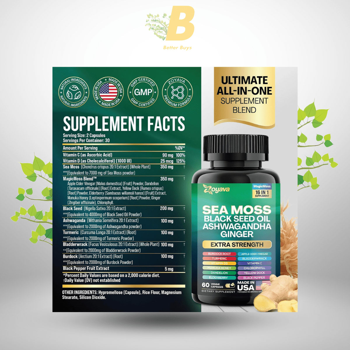 Zoyava Sea Moss Black Seed Oil Ashwagandha Ginger - 60 Capsules 1 240