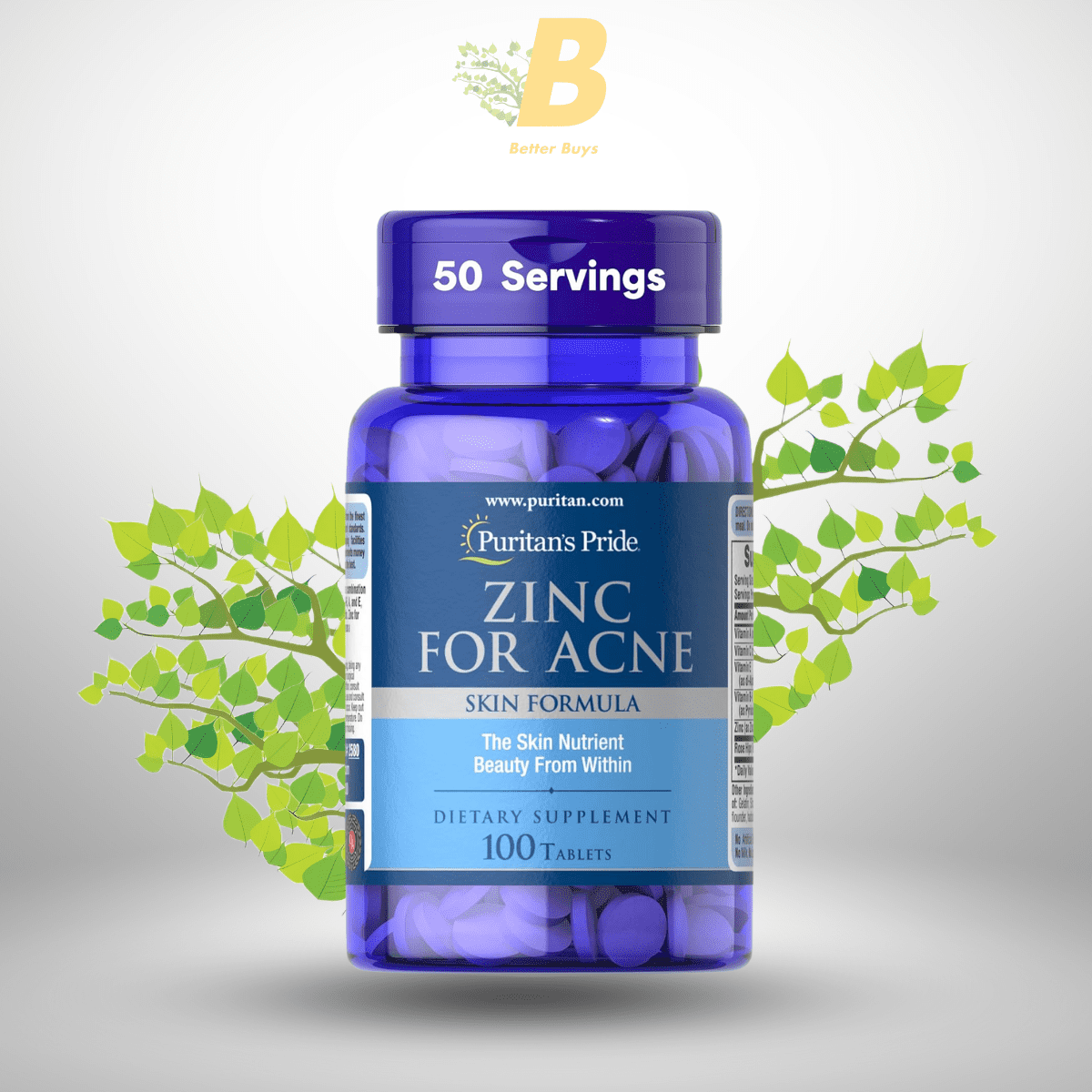 261 Puritan's Pride Zinc for Acne Skin Formula 100 Tablets - Image 1