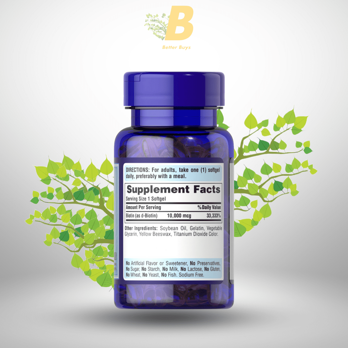 Puritan's Pride Biotin 10,000mcg 100 Softgels 1 337