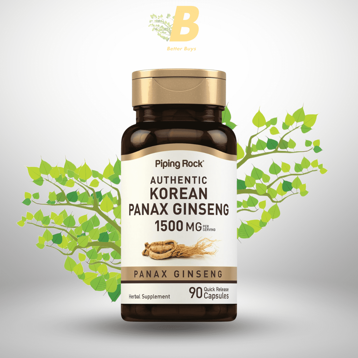 365 Piping Rock Korean Ginseng Capsules | 1500mg | 90 Count | Panax Ginseng Root Extract | Herbal Supplement | Non-GMO, Gluten Free - Image 1