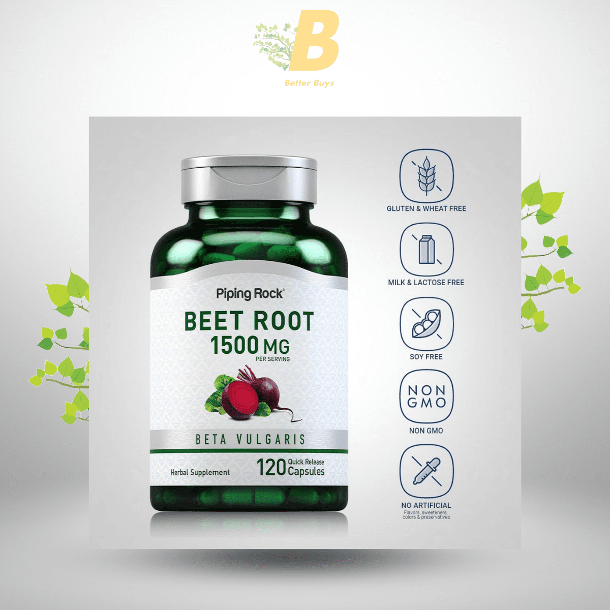 Piping Rock Beet Root Capsules | 1500 mg | 120 Pills | Herbal Extract Supplement | Beta Vulgaris | Non-GMO, Gluten Free 1 405
