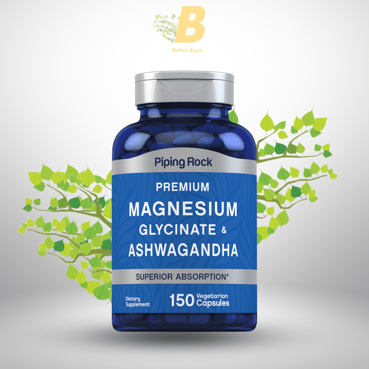 452 Piping Rock Magnesium Glycinate and Ashwagandha | 150 Capsules | Premium Complex Formula | Vegetarian Supplement | Non-GMO, Gluten Free - Image 1