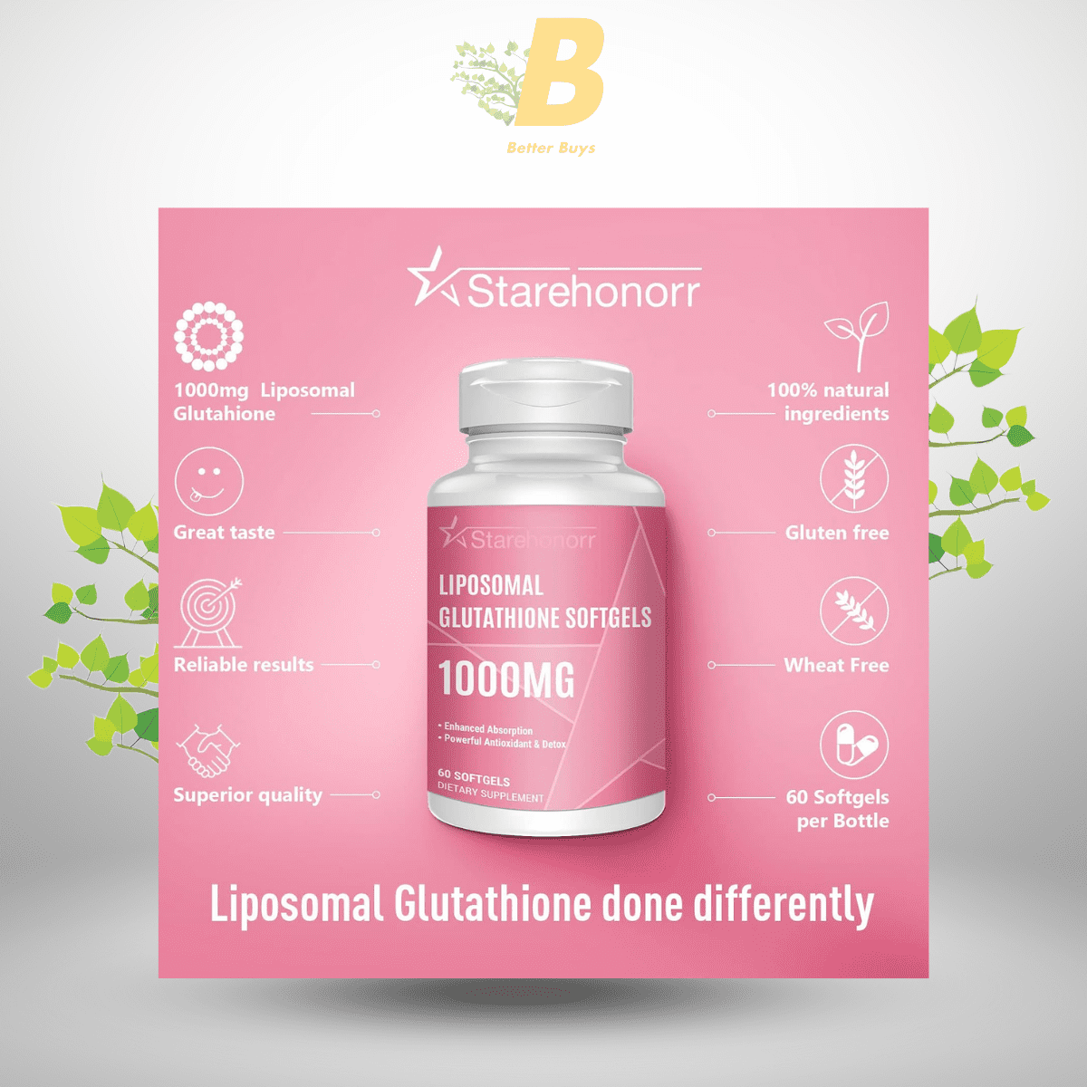 Starehonorr Liposomal Glutathione Softgels 1500MG, Reduced Glutathione Supplement with Vitamin C, Better Absorption, Non-GMO Powerful Antioxidant for Healthy Aging, Detox, Immune Health,120 Softgels 2 497