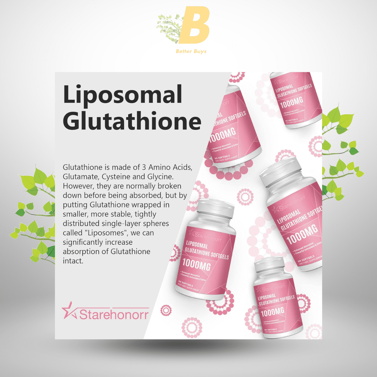 Starehonorr Liposomal Glutathione Softgels 1500MG, Reduced Glutathione Supplement with Vitamin C, Better Absorption, Non-GMO Powerful Antioxidant for Healthy Aging, Detox, Immune Health,120 Softgels 1 500