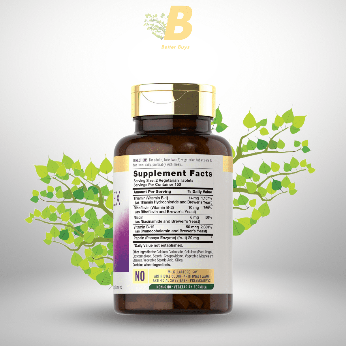 Carlyle B-Complex Vitamin with B12 | 300 Tablets | High Potency Formula | Vegetarian and Non-GMO Supplement 1 397 1