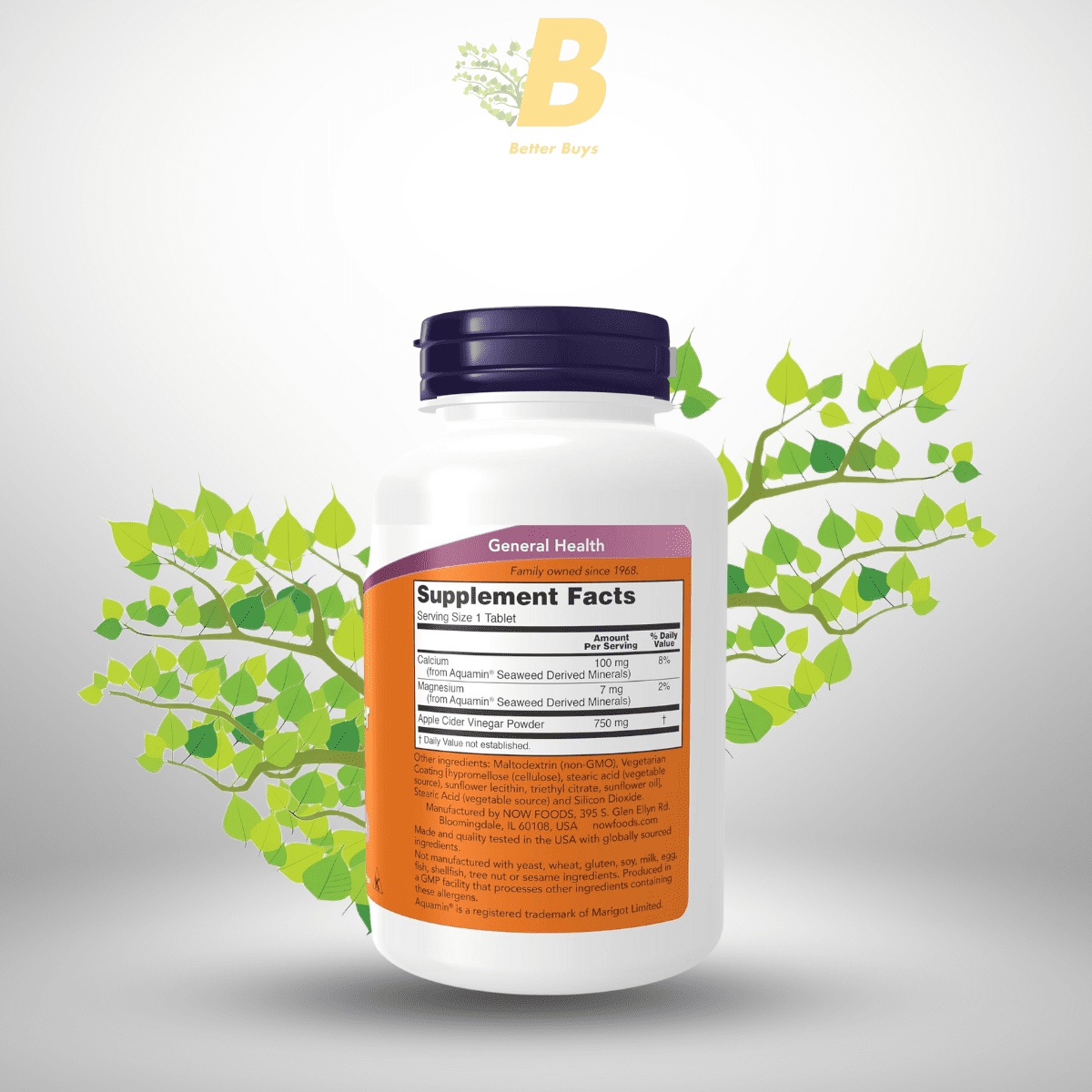 NOW Foods Supplements, Apple Cider Vinegar 750 mg, from Fermentation of Sweet Apple Cider, Extra Strength, 180 Tablets 1 440